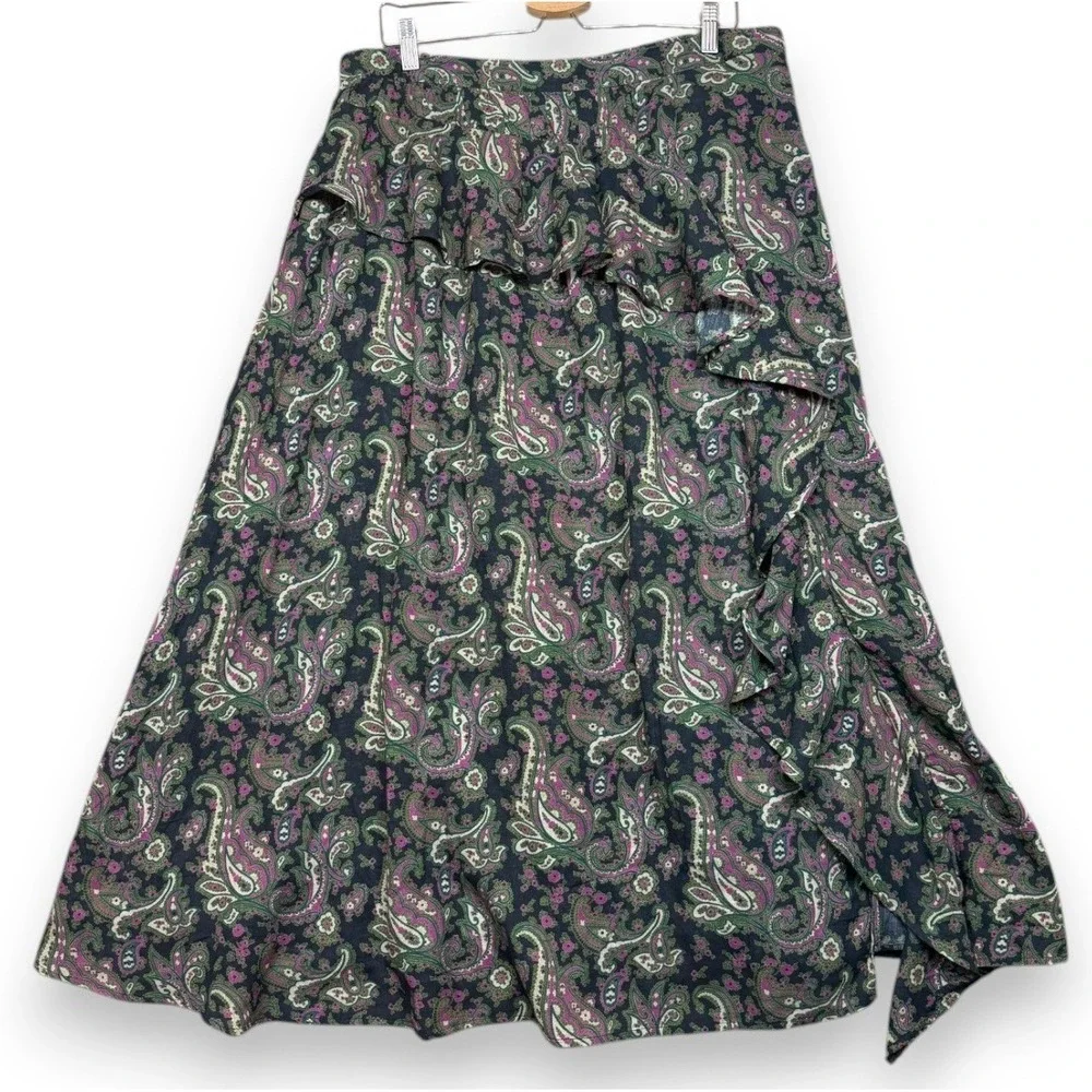 Sundance Skirt Womens XL Green Pink Paisley Caldera Ruffle Midi A Line Prairie